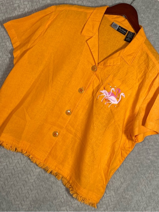 Oleg Cassini Tops - VTG Oleg Cassini Flamingo Embroidered Beaded Fringe Resort Top Orange Size XL